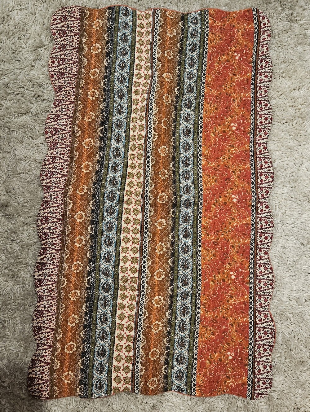 Boho Quilted King Sham Pillowcase Scalloped Edge Rust Orange Blue 38x22 - Picture 3 of 7